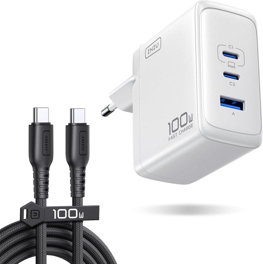 INIU 100W Chargeur USB C, 3-Port Chargeur Rapide et Compact AVCE 100W Câble | GaN QC Prise Type C Adaptateur pour MacBook Air, iPad Pro, iPhone 17 16 Pro Max, Samsung S25 S24 Ultra, Switch 2, Xiaomi etc