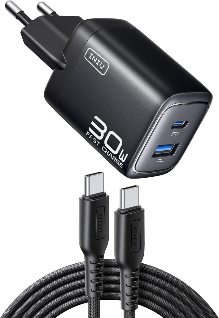 INIU 30W Chargeur USB C, 2-Port Prise USBC Chargeur Rapide avec USBC Câble, PD Type C Adaptateur de Charge Rapide pour iPhone 17 16 15 Pro Max, iPad Macbook Air, Samsung S25 S24 Ultra, Google, Xiaomi