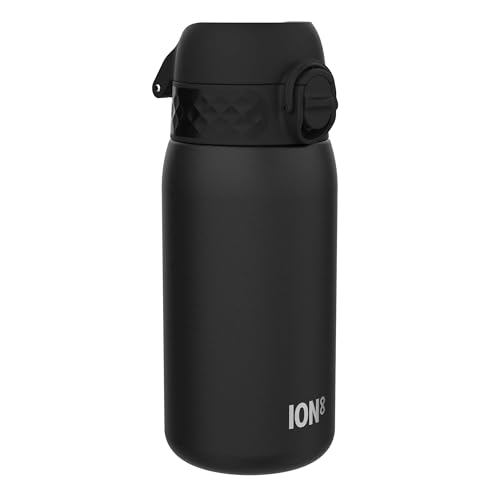 ION8 Lichtgewicht Stalen Kinderwaterfles, 400 ml/13 oz, Zonder Isolatie, Lekvrij, Makkelijk te Openen, Veilige Vergrendeling, Vaatwasserbestendig, Flipdop, Draaggreep, Duurzaam, Zwart