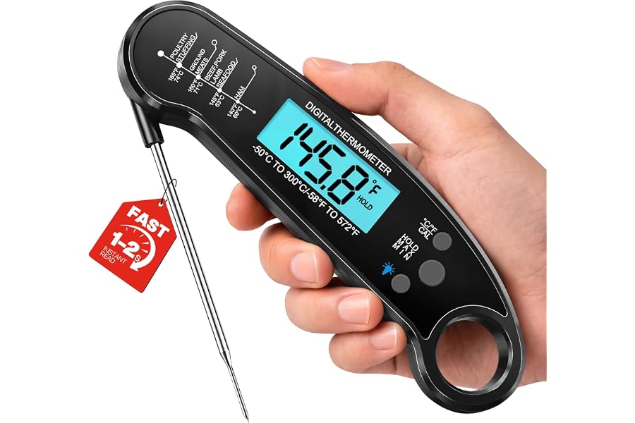 Instant Read Meat Thermometer Digital, 1-2 Sec, Cooking, Food, BBQ | Fast Response, Waterproof, Backlit Display for Grilling, Air Fryer, Smoker, Kitchen Gadgets, Gift for Dad Men, Black
