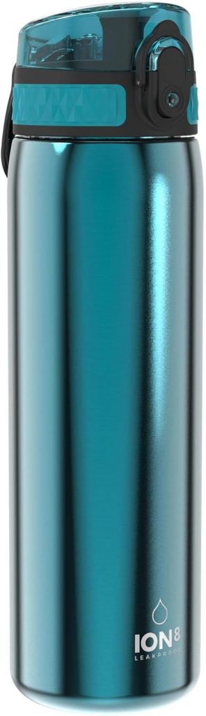 Ion8 Gourde Inox Léger, 600ml, Non Isolé, Anti-Fuite, Facile à Ouvrir, Verrouillage Sécurisé, Lavable au Lave-Vaisselle, Poignée de Transport, Durable, Acier Inoxydable, Aqua