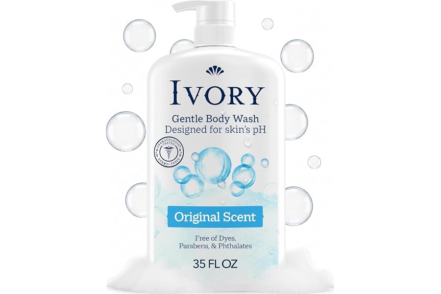Ivory Body Wash, Designed for the Whole Family, Gentle Formula, Free of Dyes Heavy Perfumes Parabens Phthalates & Silicones, for Sensitive Skin, Designed for Skin's pH, Original Scent, 35 oz