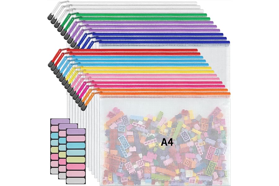 JARLINK A4 Mesh Zipper Pouch Bags, 24 Pcs Waterproof Zipper Pouch Bags | Multi-use Mesh Bags for Board Games & Puzzles, Offic