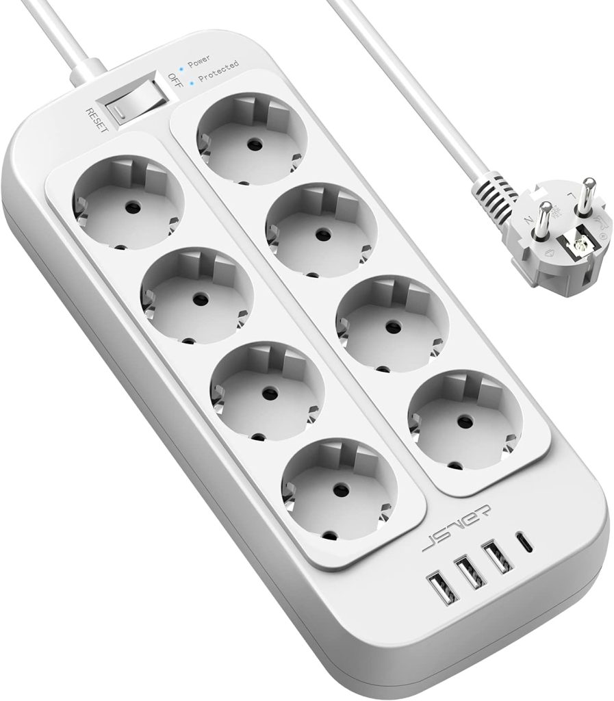 JSVER Regleta Enchufe Alargador con 4 Puertos USB(3 USB A+1 USB C) y 8 Tomas(3680W) Protección Sobretensión Multiple Carga para iPad iPhone Tablets,Cable 2m-Blanco