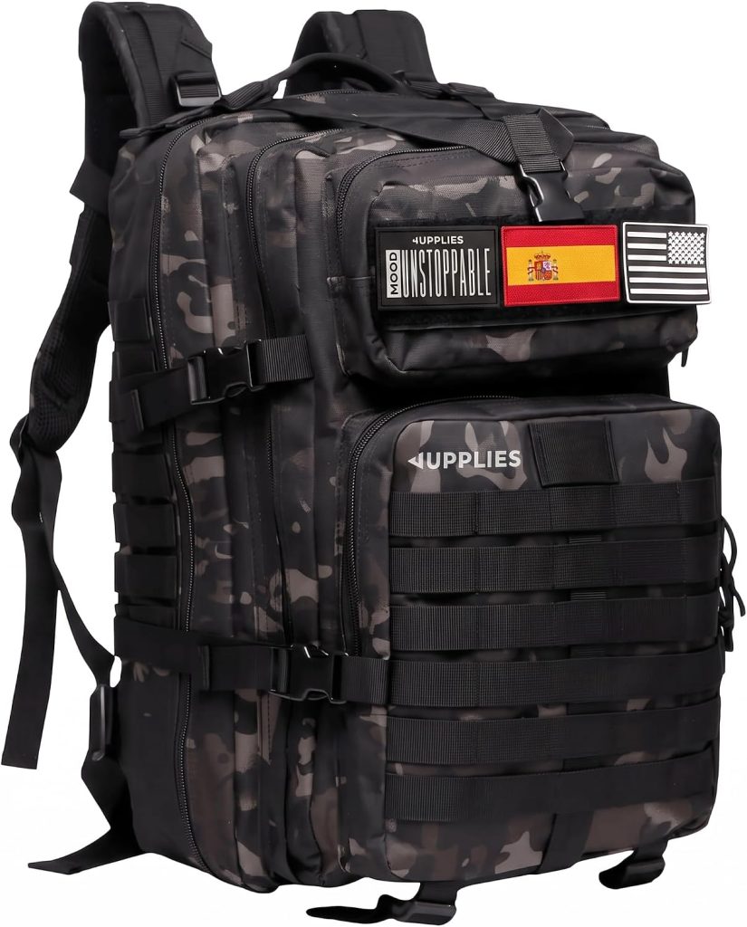 JUPPLIES Mochila Tactica Militar 45L Impermeable Oxford 600D IPX5 con Sistema MOLLE y Cremalleras Reforzadas – Gran Capacidad para Crossfit, Gimnasio, Senderismo, Viajes o Supervivencia(Negro)