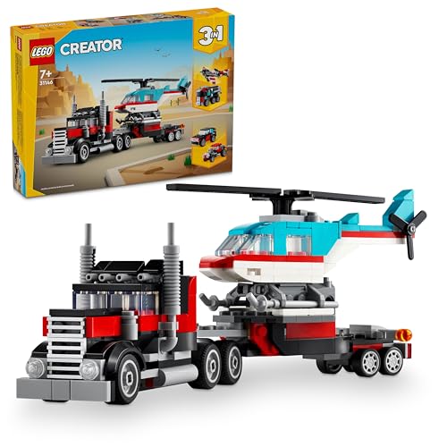 LEGO Creator 3in1 Flatbed Truck with Helicopter Toy to Propeller Plane and Fuel Lorry to Hot Rod and SUV Car Toys for 7 Plus Year Old Boys, Girls and Kids who Love Cool Vehicles, Gift Idea 31146