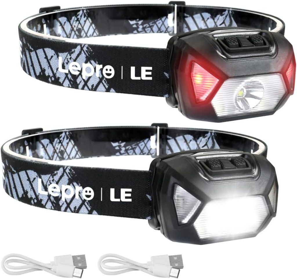 Lepro Lampe Frontale LED Rechargeable, 2000 Lux Super Lumineux 6 Modes 2Pcs | Léger Torche Frontale Puissante avec Lumière Blanche et Rouge, IPX4 30H d'autonomie pour Course, Pêche, Cyclisme, Camping