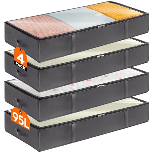 Lifewit 95L 4 Pack Under Bed Storage Containers, Large Capacity Blanket Storage Bags with Reinforced Handle, Organization and Storage for Comforters, Sheets, Clothes, Bedroom, College Dorm, Grey