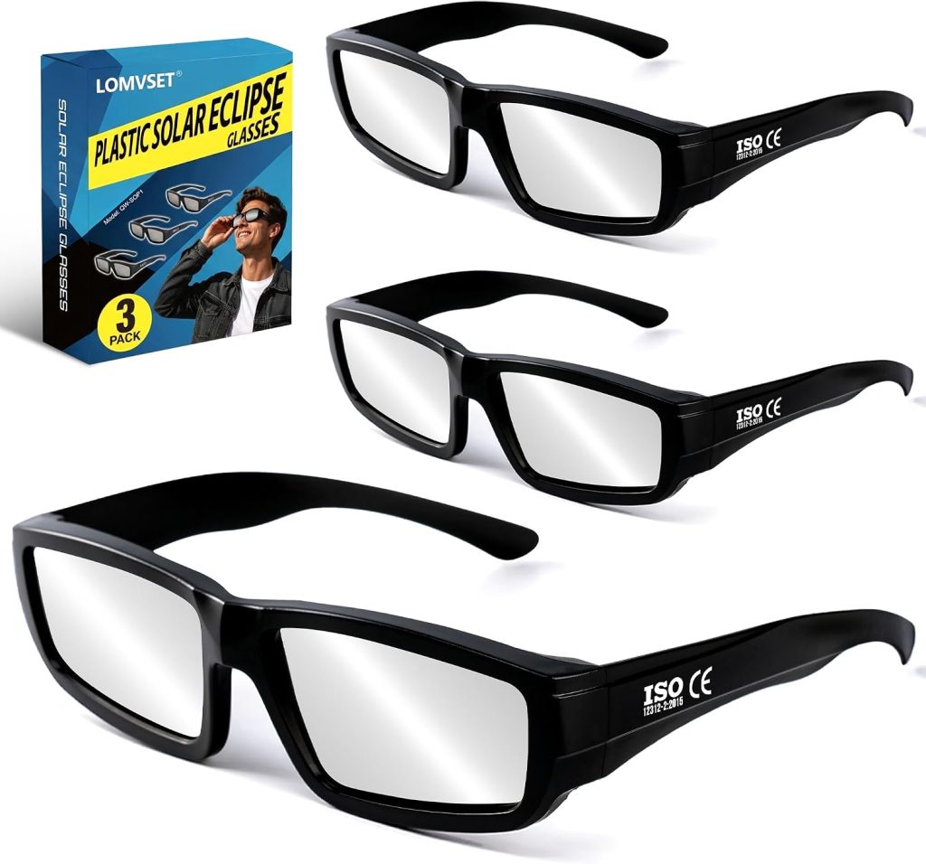 Lomvset [Pack 3] Gafas Eclipse Solar Homologadas ISO 12312-2 CE - 2026 Gafas de plástico eclipse Solar Seguras Certificadas Protección Premium UV/IR e Infrarrojo para Adultos y Niños
