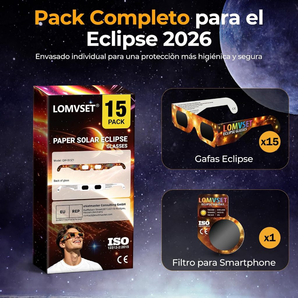 Lomvset Pack de 15/30 Gafas Eclipse Solar Homologadas ISO 12312-2 CE - 2026 Gafas para Ver Eclipse Solar Seguras Certificadas Protección UV e Infrarrojo para Adultos y Niños + Filtro para Móvil