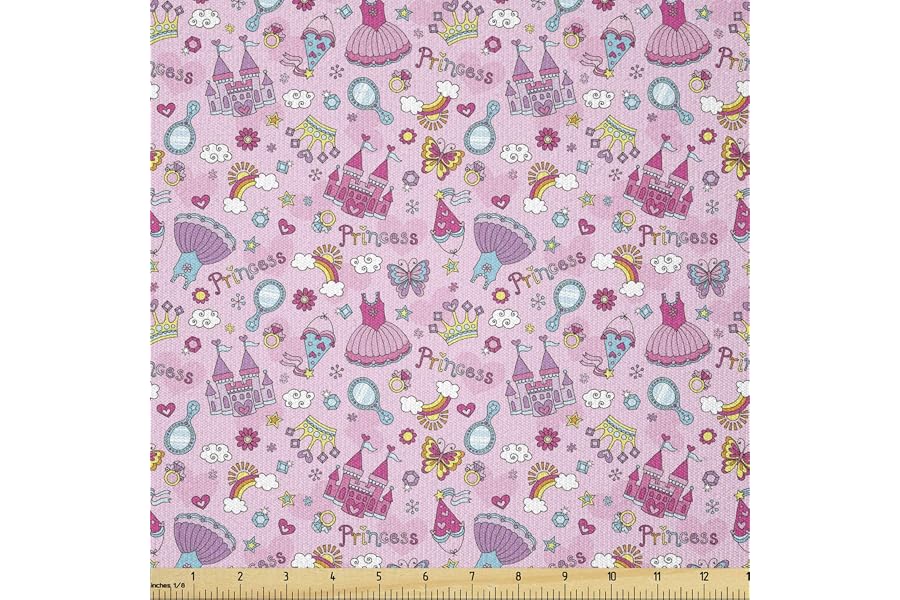 Lunarable Cartoon Fabric by The Yard, Classic Themed Pattern with Cartoon Castle and Rainbows Blushy Tone Print Hearts, Stretch Knit Fabric for Clothing Sewing and Arts Crafts, 3 Yards, Pink Magenta