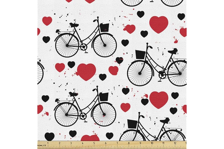 Lunarable Romantic Fabric by The Yard, Grunge Heart Background with Bicycle Silhouettes Valentine's Day Love Image, Decorative Fabric for Upholstery and Home Accents, 3 Yards, Eggshell Black