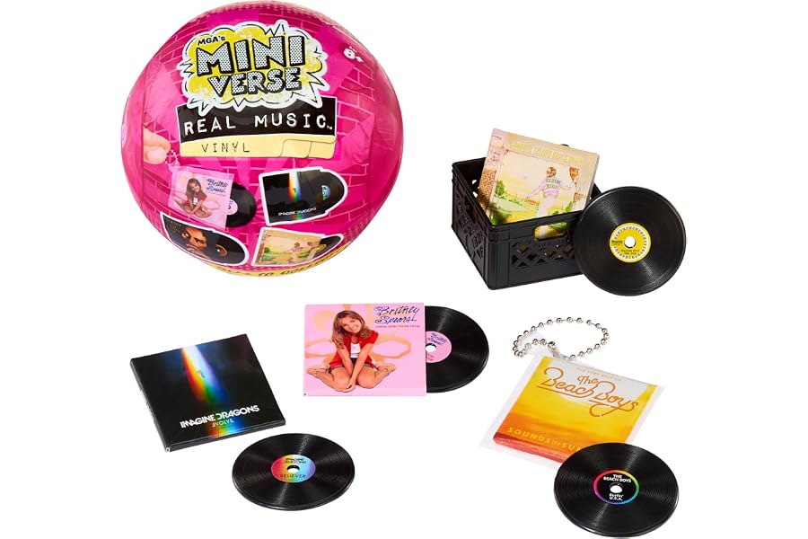 MGA's Miniverse Real Music Vinyl Mystery Blind Packaging, Mini Playable Records, 4 Vinyl Records per Pack, Sleeve & Keychain, Collectors, Gift, Britney Spears, Elton John, TLC