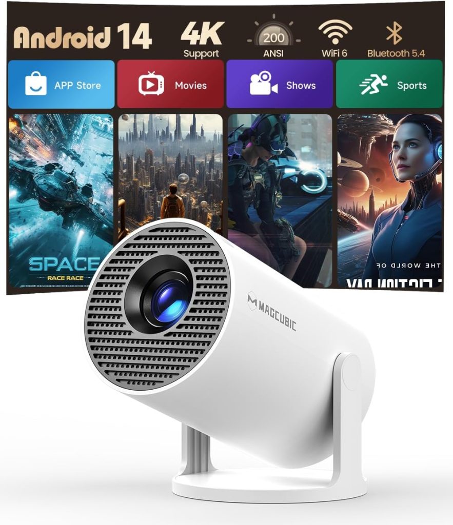 Magcubic Mini Proyector Portátil 4K Soporte [App Integrada] Android 14 | 1080P Full HD Soporte Projector, WiFi 6, Bluetooth 5.4, Altavoz 5W, 200 ANSI, para Móvil, Smart TV, Cine en Casa – HY300Pro