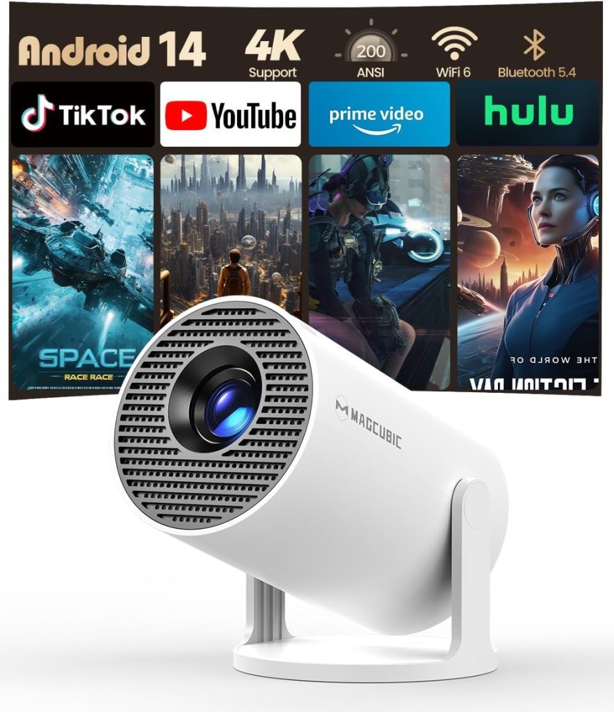 Magcubic Mini Proyector Portátil 4K Soporte [App Integrada] Android 14 | 1080P Full HD Soporte Projector, WiFi 6, Bluetooth 5.4, Altavoz 5W, 200 ANSI, para Móvil, Smart TV, Cine en Casa – HY300Pro