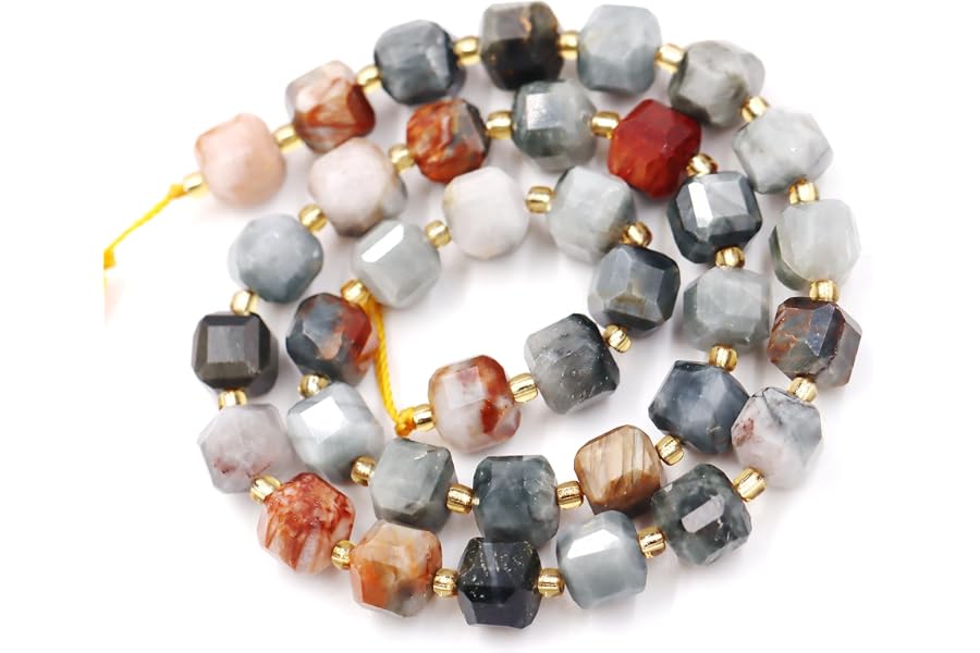 Malahill Wholesale Natural Faceted Stone Beads for Jewelry Making Sold per Bag 5 Strands Inside Cube Fire Eagle Eye Jasper 6mm