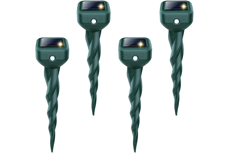 Mole Repellent Solar Powered, 4 Pack Snake & Skunk Repellent for Yard, IP 65 Waterproof Ultrasonic Deterrent Stakes, Get Rid of Rabbit, Gopher, Vole, Chipmunk, Deer, Groundhog for Lawns Garden