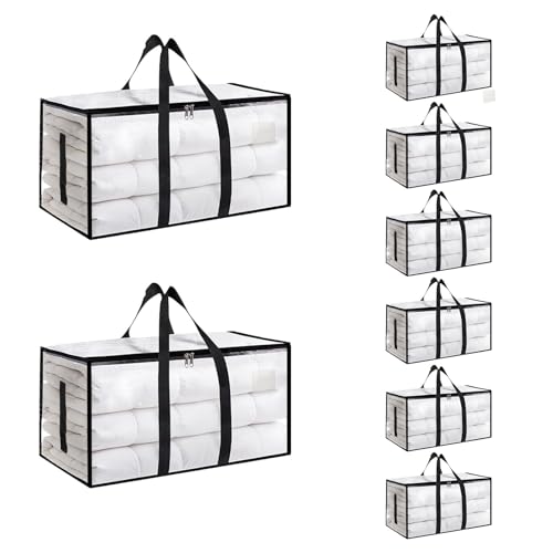 Moving Bags Extra Large 8 Pack - Heavy Duty Storage Totes with Wrap-Around Handles & Reinforced Zippers - Foldable Moving Box Alternative, Water-Resistant for Dorm, Closet & Under Bed Storage (Clear)