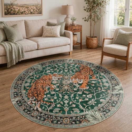 Moynesa Boho Tiger 6ft Round Rug, Green Washable Living Room Area Rug