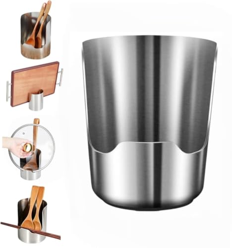 Multi-Functional Stainless Steel Kitchen Utensil Holder, 2‑In‑1 Spoon Rest for Kitchen Counter, Space‑Saving Vertical Organizer for Spatula Ladle Pot Lid Cutting Board, Stainless Steel Utensil Holder