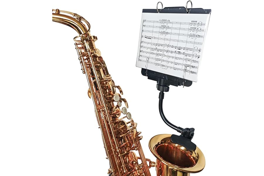 MusBoard Adjustable Saxophone Lyre ST10S with Flip Folder for Marching Band | Saxophone-specific mount, adjustable viewing angle and distance, 10 clear sleeves, holds 20 music sheets