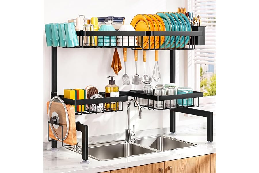 NestOrganix Over The Sink Dish Drying Rack, Dish Drying Rack for Kitchen | 4 Baskets Extendable Large Capacity Sink Rack, Metal Drying Rack Saving Space,for Most Sinks (26.57"-35")