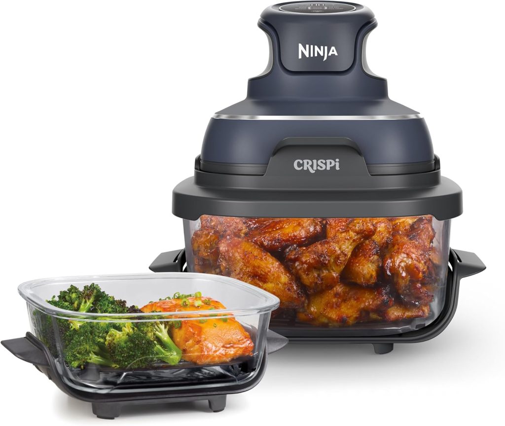 Ninja CRISPi, Freidora de Aire Portátil, 3,8L, Gris, FN101EUGY | 4 en 1, Freír con Aire, Asar, Mantener Caliente y Gratinar, Diseño Compacto, 2 Recipientes de Vidrio Extraíbles y Tapas