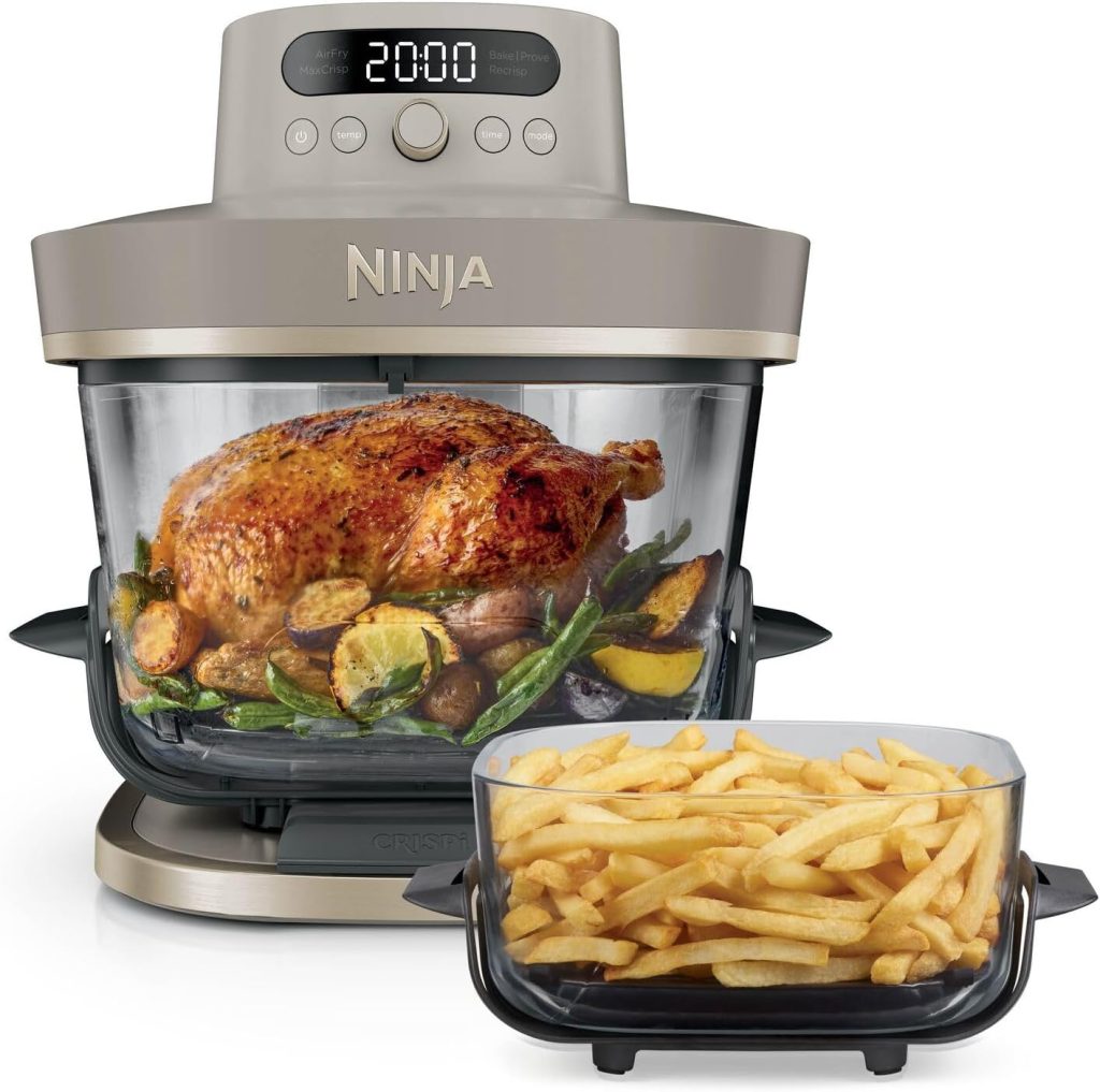 Ninja CRISPi PRO XL, Freidora de Aire, Dorado Piedra, AS090EUSD | 5 Funciones de Cocción Predefinidas, Recipientes de Cocción de Cristal CleanCrisp de 5,7 y 2,3 L y Tapas para Almacenamiento