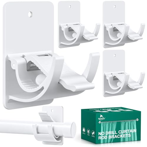 No Drill Curtain Rod Brackets,Self Adhesive Curtain Hooks 20lb, Nail Free Adjustable Curtain Rod Holders Rental Friendly for Apartment, Kitchen, Bathroom, Dorm ＆ Living Room (4 Pcs White)