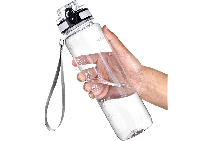 OLDLEY Water Bottle, 32oz Motivational Sports Water Bottle with Time Marker - Times to Drink - Tritan, BPA Free, Wide Mouth Leakproof, Clear (1 Bottle)