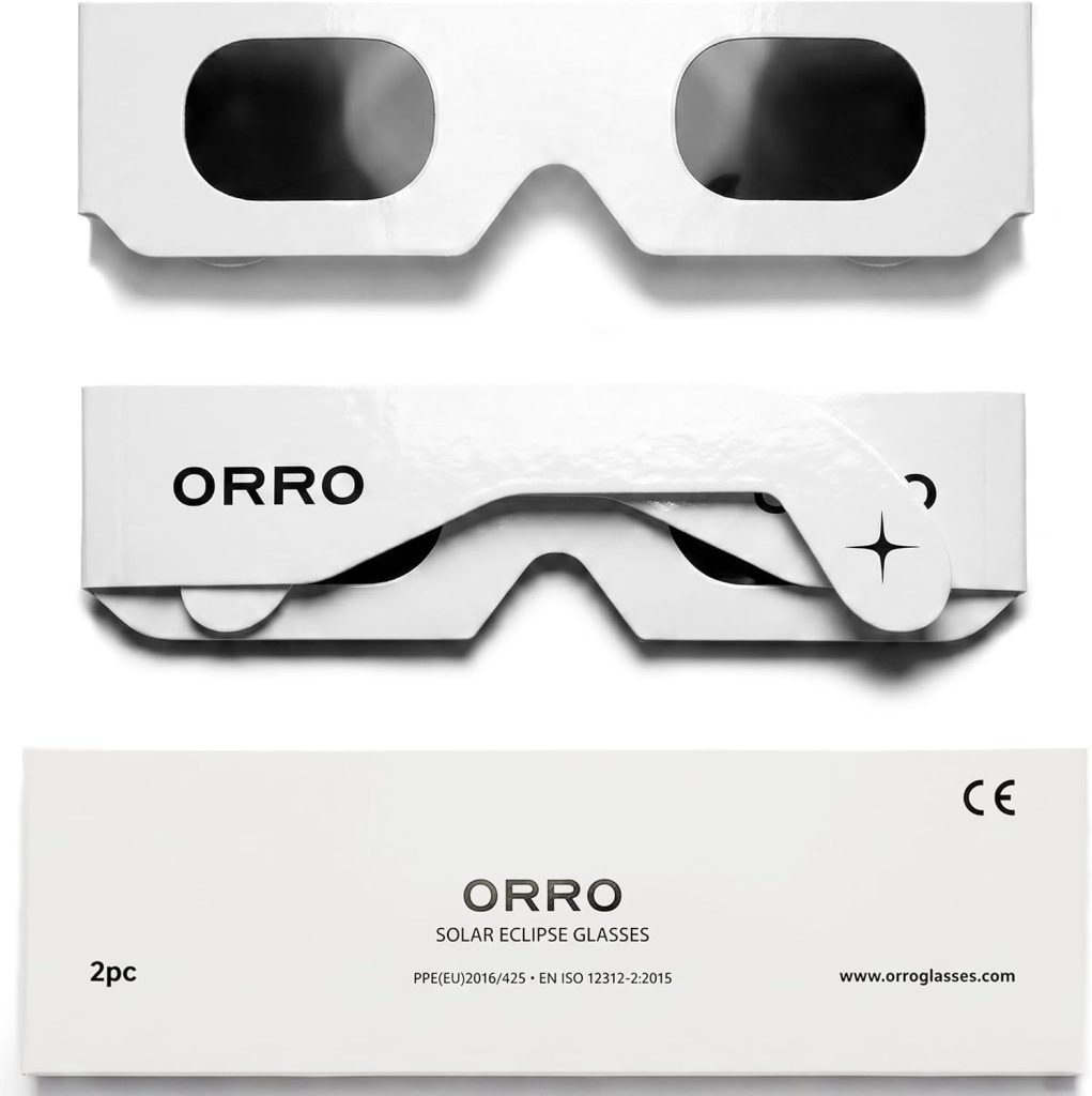 ORRO Gafas para Eclipse Solar de 40 mm, Pack de 2/6/12, Negras, Protección Ocular Certificada, Ensayadas según EN ISO 12312-2:2015, Marcado CE para Observación Directa del Sol - Ajuste Moderno