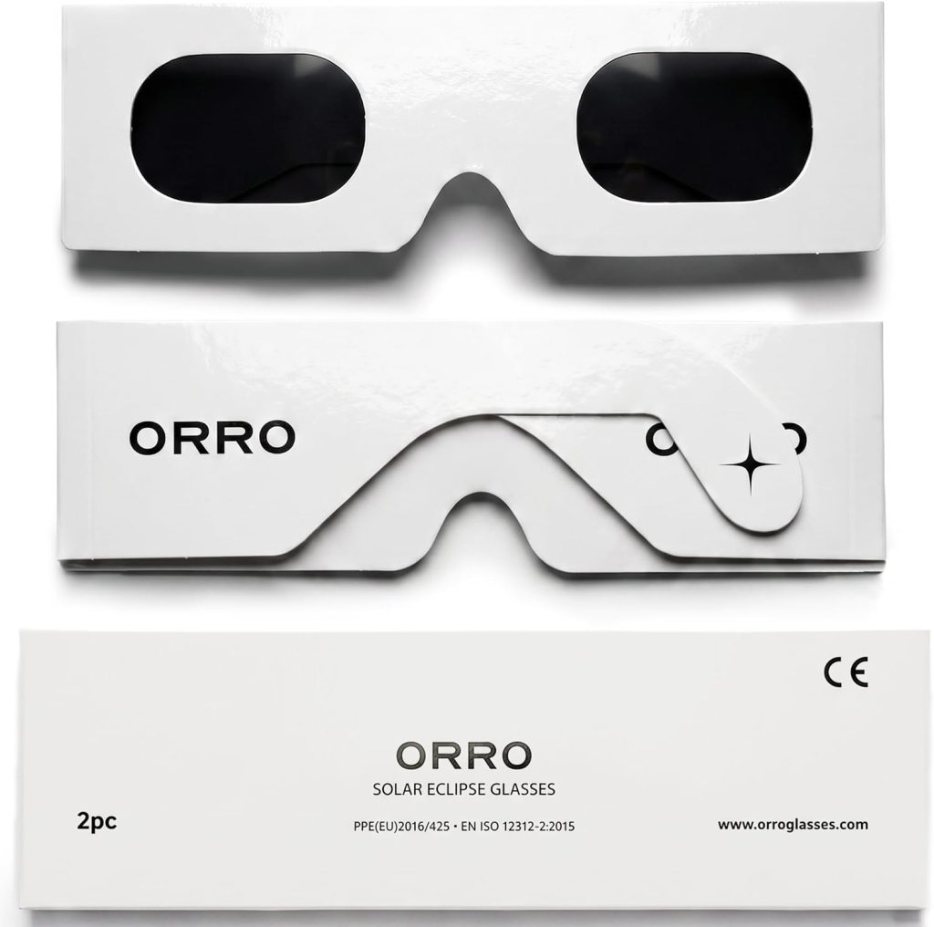 ORRO Gafas para Eclipse Solar de 45 mm, Pack de 2/6/12, Negras, Se Ajustan sobre Gafas Graduadas, Protección Ocular Certificada, Ensayadas según EN ISO 12312-2:2015, Marcado CE - Ajuste Edge