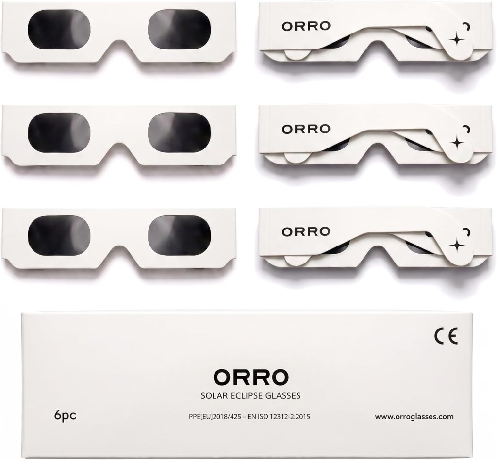 ORRO Lunettes d’éclipse solaire 40 mm, Lot de 2/6/12, Blanches, Protection oculaire certifiée, Testées EN ISO 12312-2:2015, Marquage CE pour observation directe du soleil - Coupe moderne