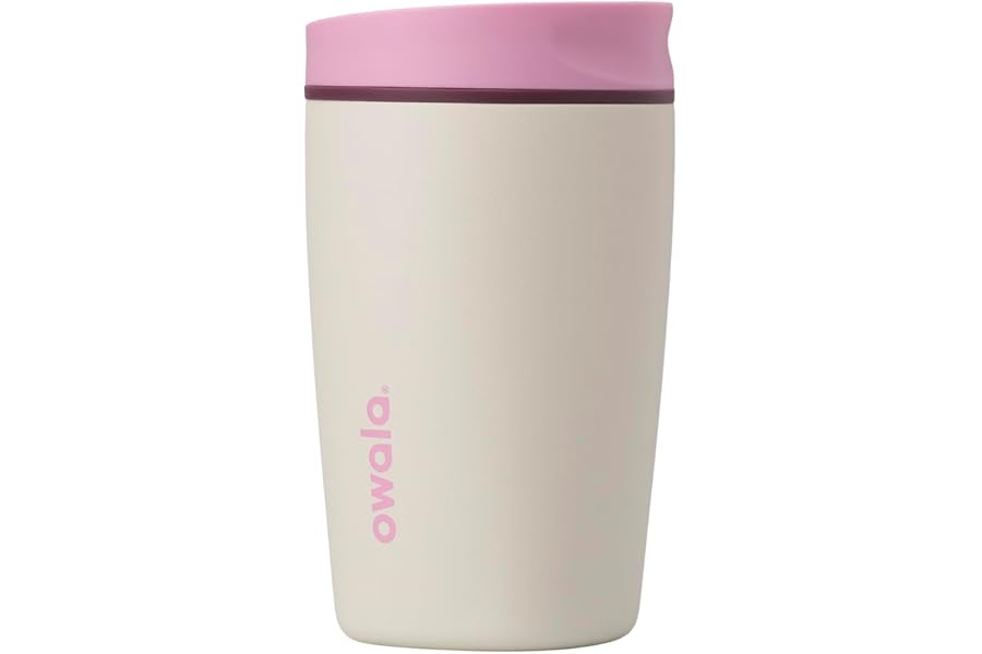 Owala SmoothSip Slider Insulated Stainless Steel Coffee Tumbler, Reusable Iced Coffee Cup, Hot Coffee Travel Mug, BPA Free 12 oz, Pink/Tan (Daybreak)