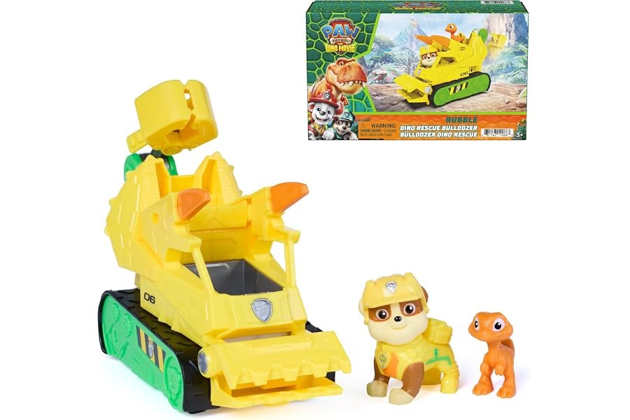 PAW Patrol The Dino Movie Rubble Dino Rescue Bulldozer Toy Truck | 7-Inch Toy Construction Vehicle, Chomping Front Scoop, Articulated Back Claw, Rubble & Dinosaur Figures, Kids Toys Ages 3+