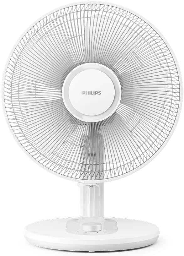 PHILIPS Série 1000 Ventilateur de Table – Flux d’air puissant et silencieux 35 dB – 3 vitesses réglables – Rotation et inclinaison ajustables – Design compact blanc (CX1030/00) | Avec 35-45 dB(A), inclinaison 30°, oscillation 80°, circulation de l'air uniforme (CX1030/00)