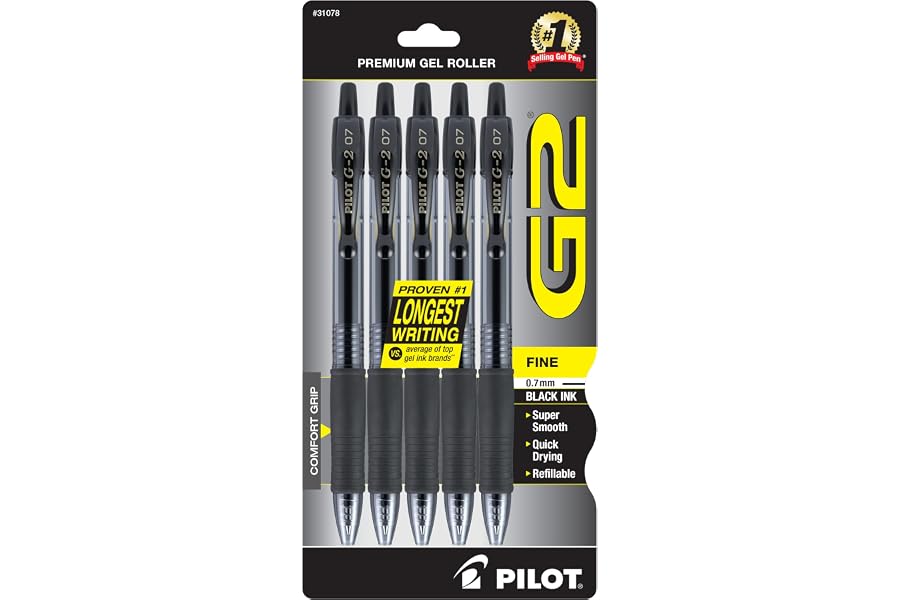 PILOT G2 Pens, 0.7mm, Black Ink, 5-Pack