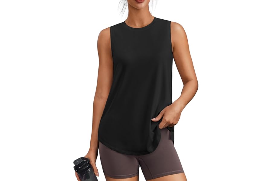 PINSPARK Workout Tank Tops for Women UPF 50+ Side Slits Athletic Gym Shirt | Crew Neck, Hip Length, Ultra-soft, Moisture Wicking, Loose Fit, Yoga, Hiking, Pilates, Sleeveless Shirts for Women