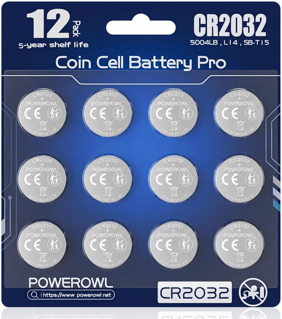 POWEROWL CR2032 Pilas de Botón de Litio 3V, Paquete de 12, Pilas 2032 de Larga Duración para Llaves de Coche, Mandos a Dispositivos Electrónicos, Embalaje de Seguridad para Niños-Azul Oscuro