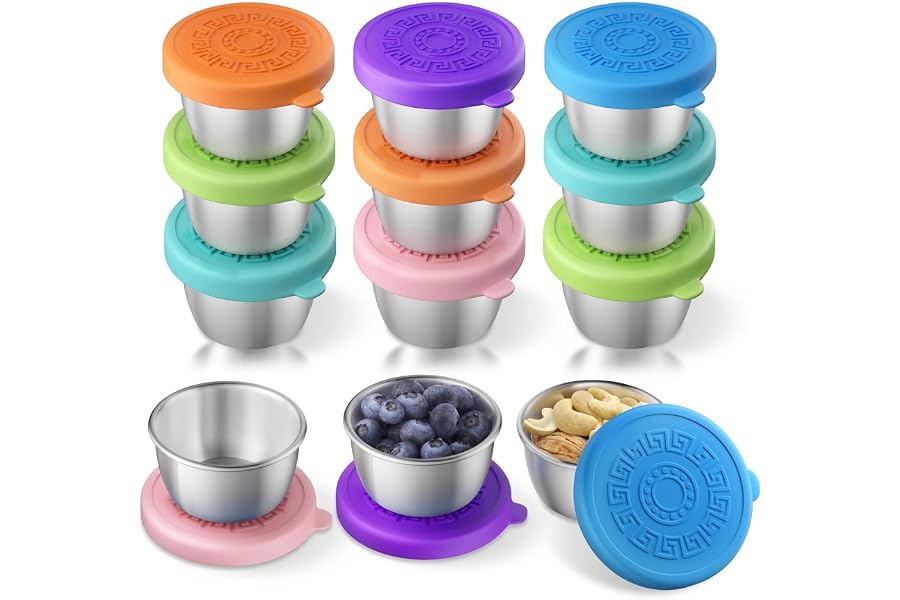 PUPILLEMON 12 Pack Sauce Containers, 1.6 Oz Leakproof Sauce Cups with Lids | Stainless Salad Dressing Container TO GO, Condiment Cups with Lids for School Lunch Box and Travel Picnics, Candy Colors