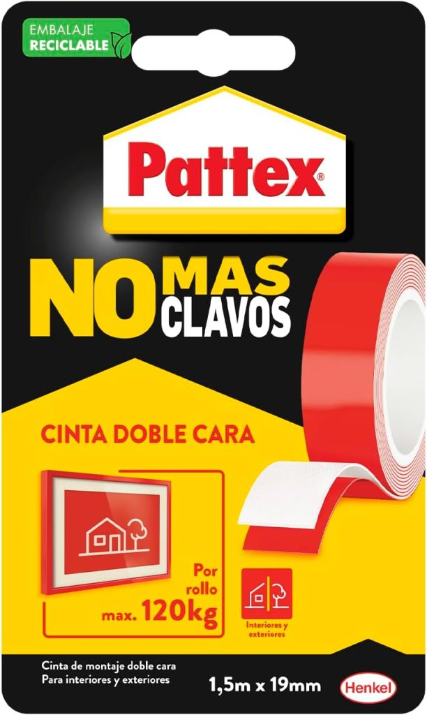 Pattex No Más Clavos Cinta, cinta adhesiva para aplicaciones permanentes, cinta de doble cara extrafuerte, adhesivo de montaje para interior y exterior, 19 mm x 1,5 m