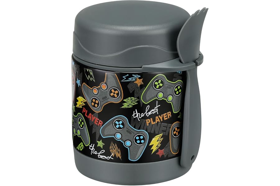 Pawtong 10oz Soup Thermo for Hot Food Kids Insulated Food Jar,Thermo Hot Food Lunch Container, Width Mouth Stainless Steel Lunch Box for Kids with Spoon (Black-Gamepad)