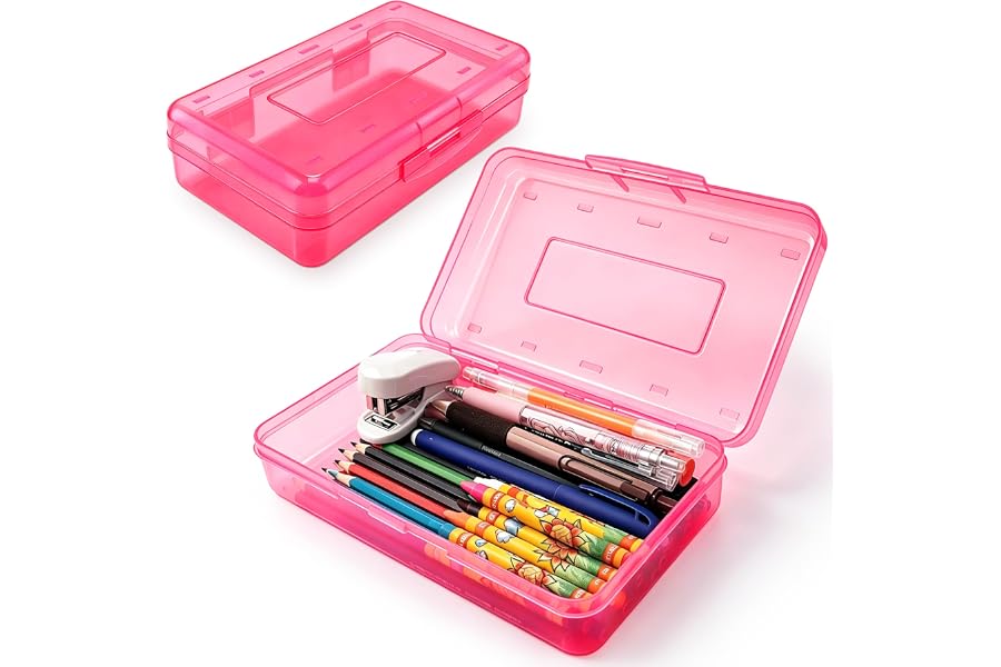 Pencil Box, Pencil Case, Hard Plastic Pencil Box Large Capacity Crayon Case, Organizer with Snap-tight Lid Stackable, Clear Storage Boxes for Girls Boys Classroom Back to School Office Supplies, Pink