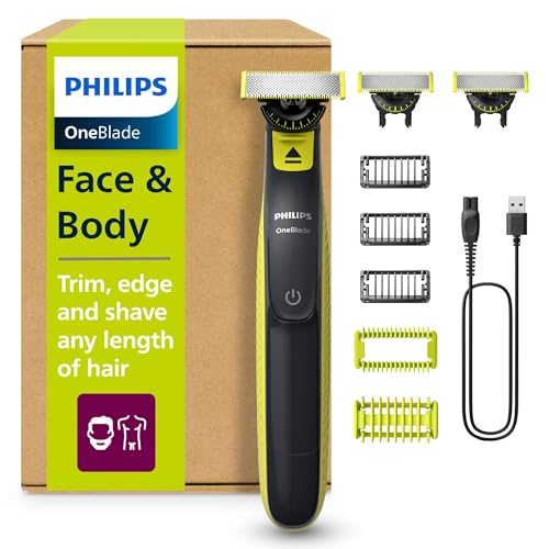 Philips OneBlade 360 Authentiek Face & Body Elektrische Baardtrimmer, Scheerapparaat en Body Groomer, 3x 360 mesjes, 3x Stoppelkam (1,3,5mm), 1x Body Kit, QP2824/31
