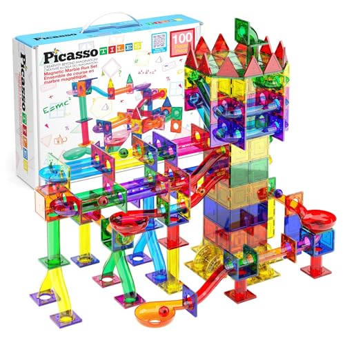 PicassoTiles 100 Piece Marble Run Magnetic Tiles Race Track STEM Ages 3+