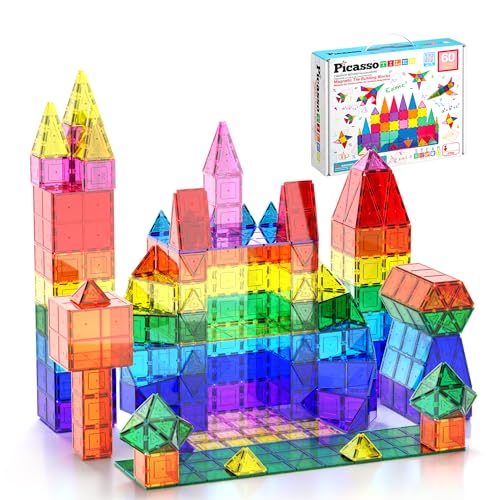 PicassoTiles 60 Piece Magnetic Tiles Clear 3D Building Blocks STEM Ages 3+