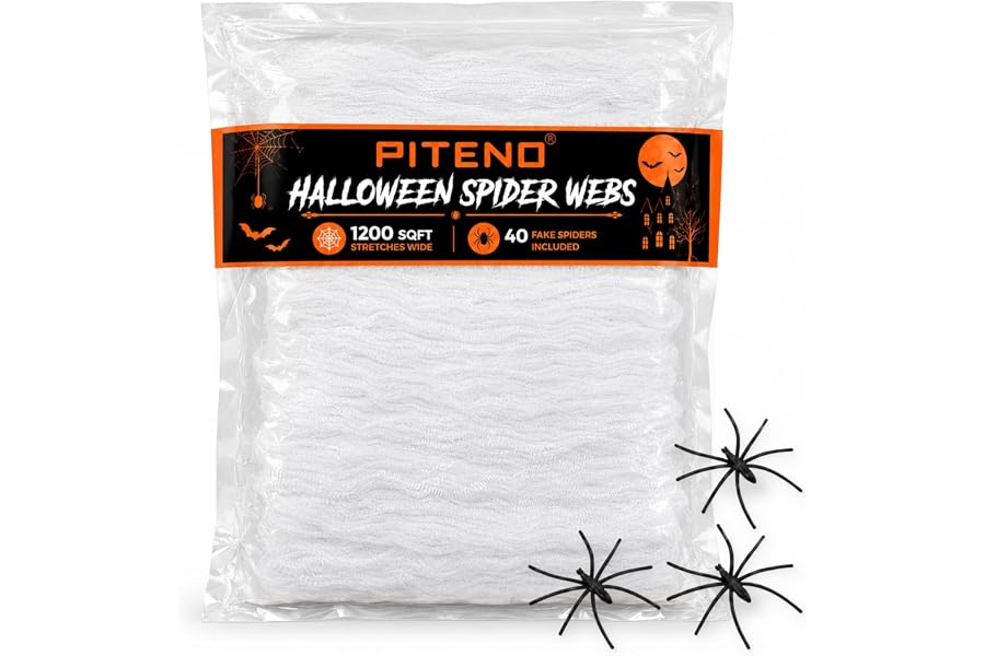 Piteno® 1200 sqft Spider Webs Halloween Decorations with 40 Fake Spiders, Stretchable Halloween Spider Webs for Indoor Outdoor Haunted House Yard Porch Party Decor (White)