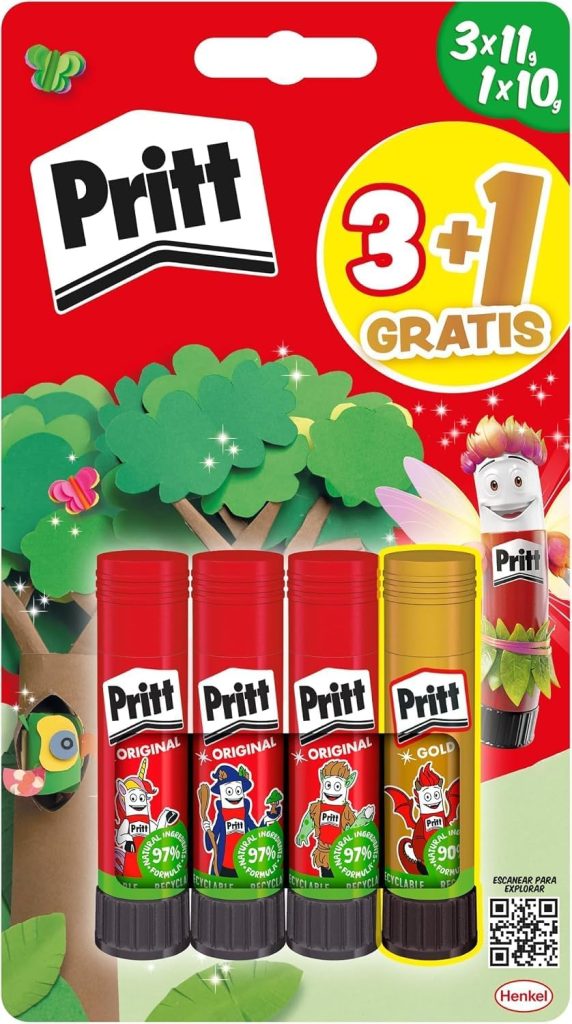Pritt Stick Original Pegamento Barra Escolar para Manualidades, 4 x 11 g | Para Papel/Cartón/Cartulina/Etiquetas/Fotos, 97% ingredientes naturales, Lavable a 20 °C, Sin disolventes, Seguro para Niños