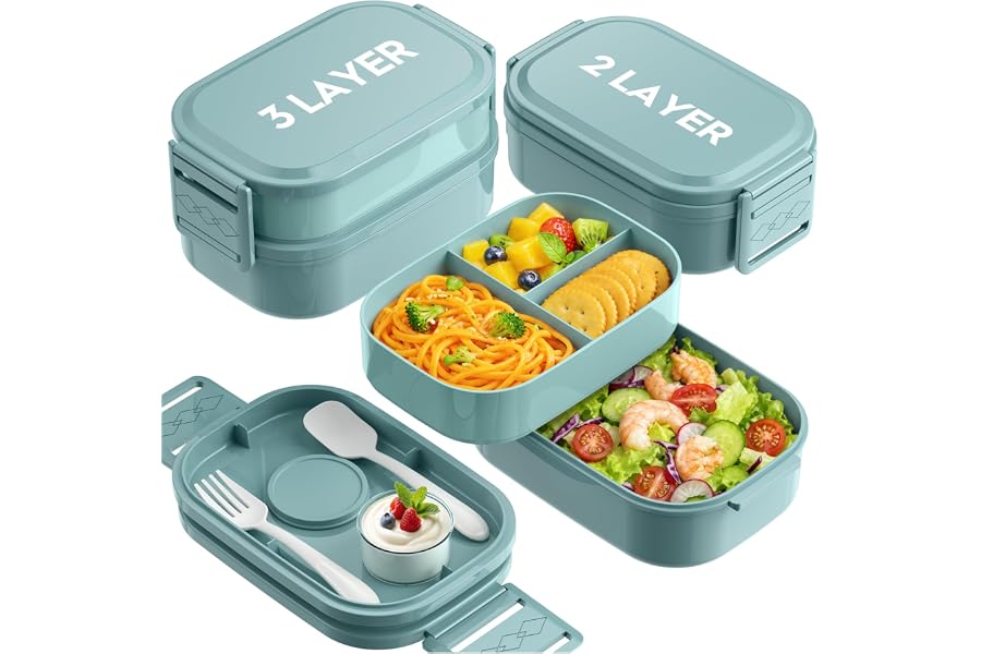 Pure Whimsy Bento Lunch Box, 65 oz 3-Tier Stackable Lunch Container, Adjustable 2/3 Tier Design, BPA-Free Food-Grade Plastic, Leakproof, Microwave & Dishwasher Safe, Green