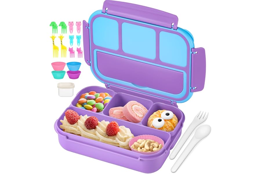 QQKO Bento Lunch Box for Kids Girls Boys, Toddler Kids Lunch Boxes for School, Lunch Containers for Adults with 4 Compartments, Sauce Container, Utensils, Food Picks and Muffin Cups, Purple